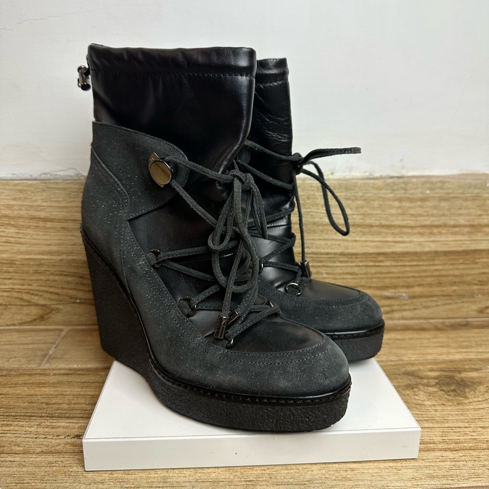 Moncler mid calf leather wedge boot